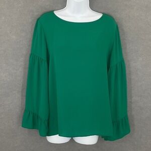 LOFT Blouse Womens Sz L Green‎ Ruffle Bell Long Sleeve Keyhole Career Bohemian